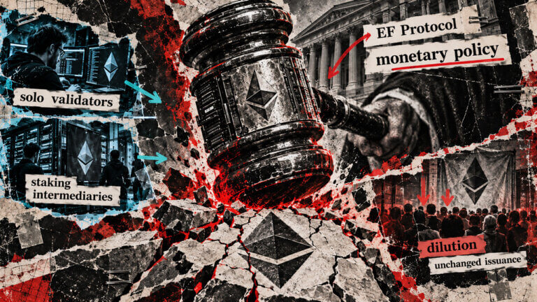 Distressed gavel strikes an Ethereum-marked surface as EF Protocol policy pressure fractures toward validators and unstaked holders.