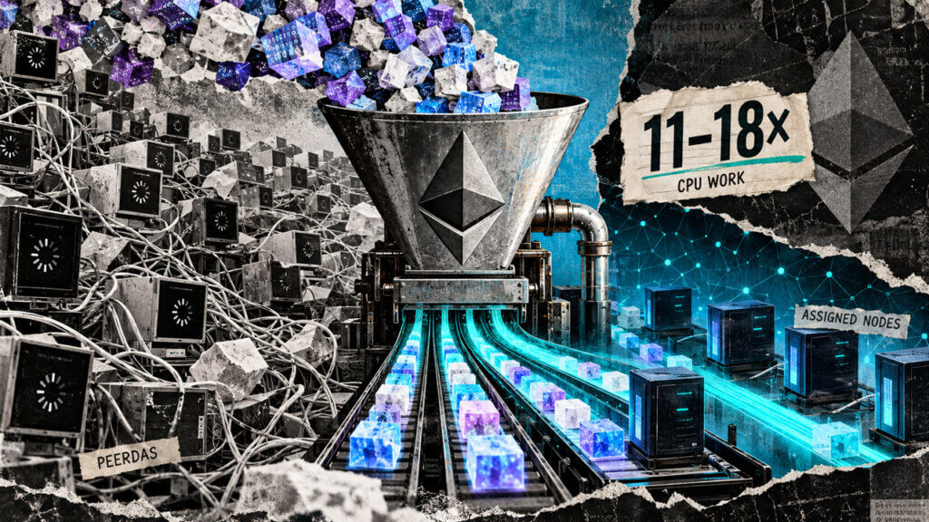 Ethereum funnel transforms scattered blob-recovery work into streamlined assigned-node paths across a gritty editorial server collage.