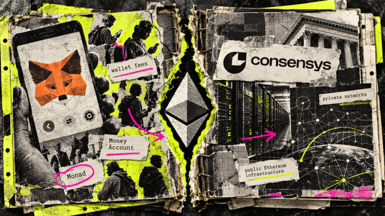 Punk collage contrasts MetaMask wallet activity with Consensys infrastructure around Ethereum, highlighting separate growth and ETH demand paths.