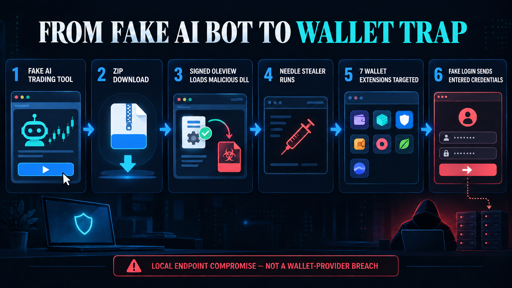 Six-step diagram showing how a fake AI trading tool delivered Needle Stealer and replaced browser crypto wallet extensions with credential-stealing copies.