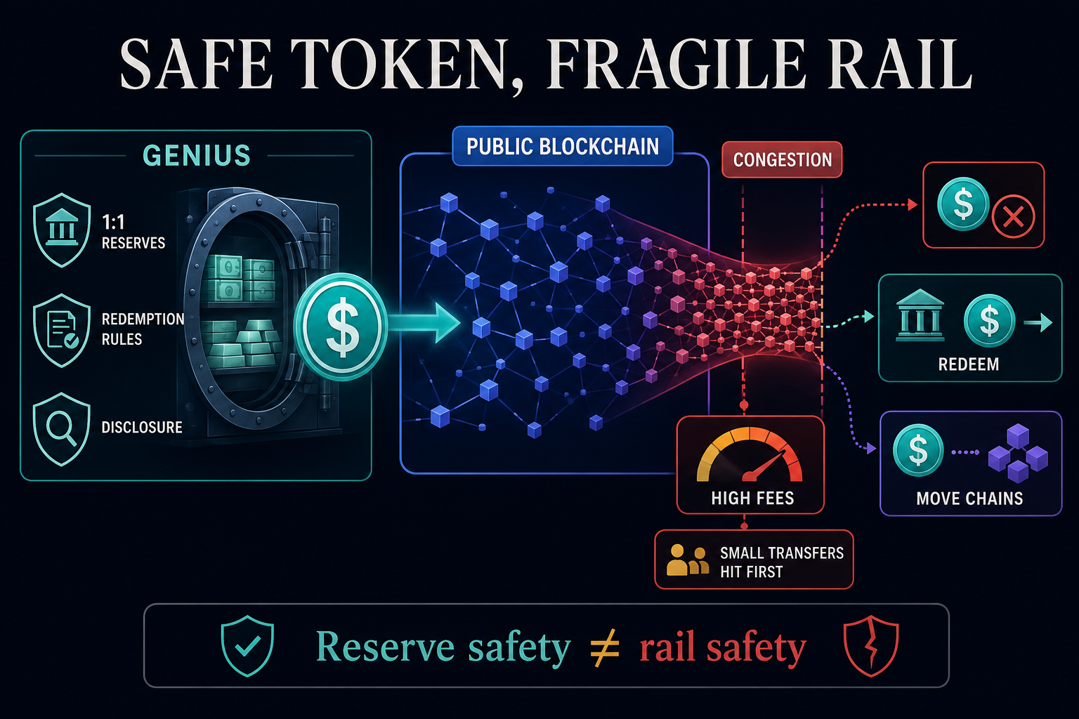 Infographic showing GENIUS reserve safeguards on one side and a congested public blockchain rail leading to high fees, pressure on small transfers, redemption, or chain migration.