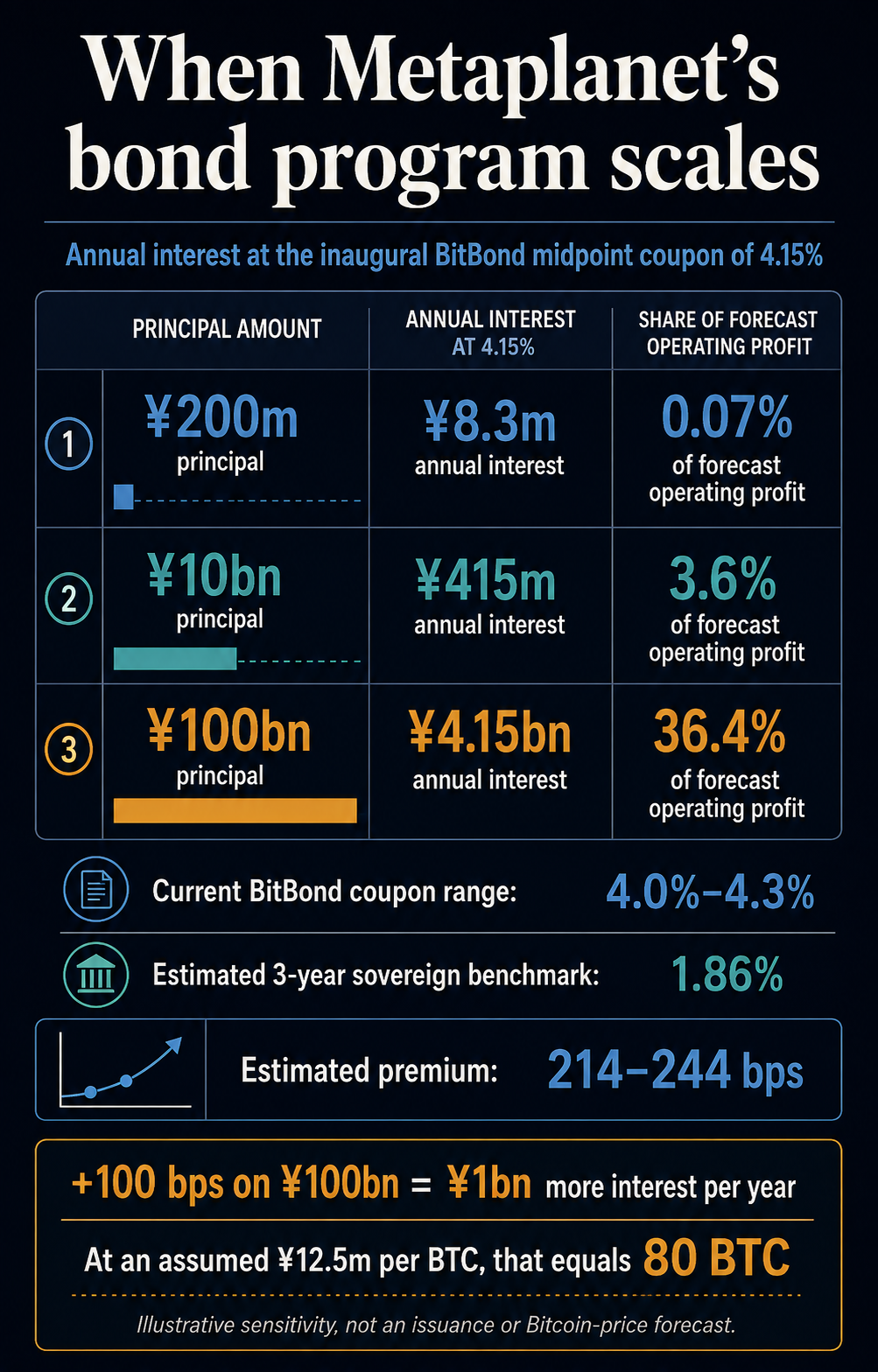 Infographic comparing annual interest at a 4.15% BitBond coupon: ¥8.3 million on ¥200 million, ¥415 million on ¥10 billion, and ¥4.15 billion on ¥100 billion, plus a 1.86% estimated three-year sovereign benchmark and a 214 to 244 basis point premium.