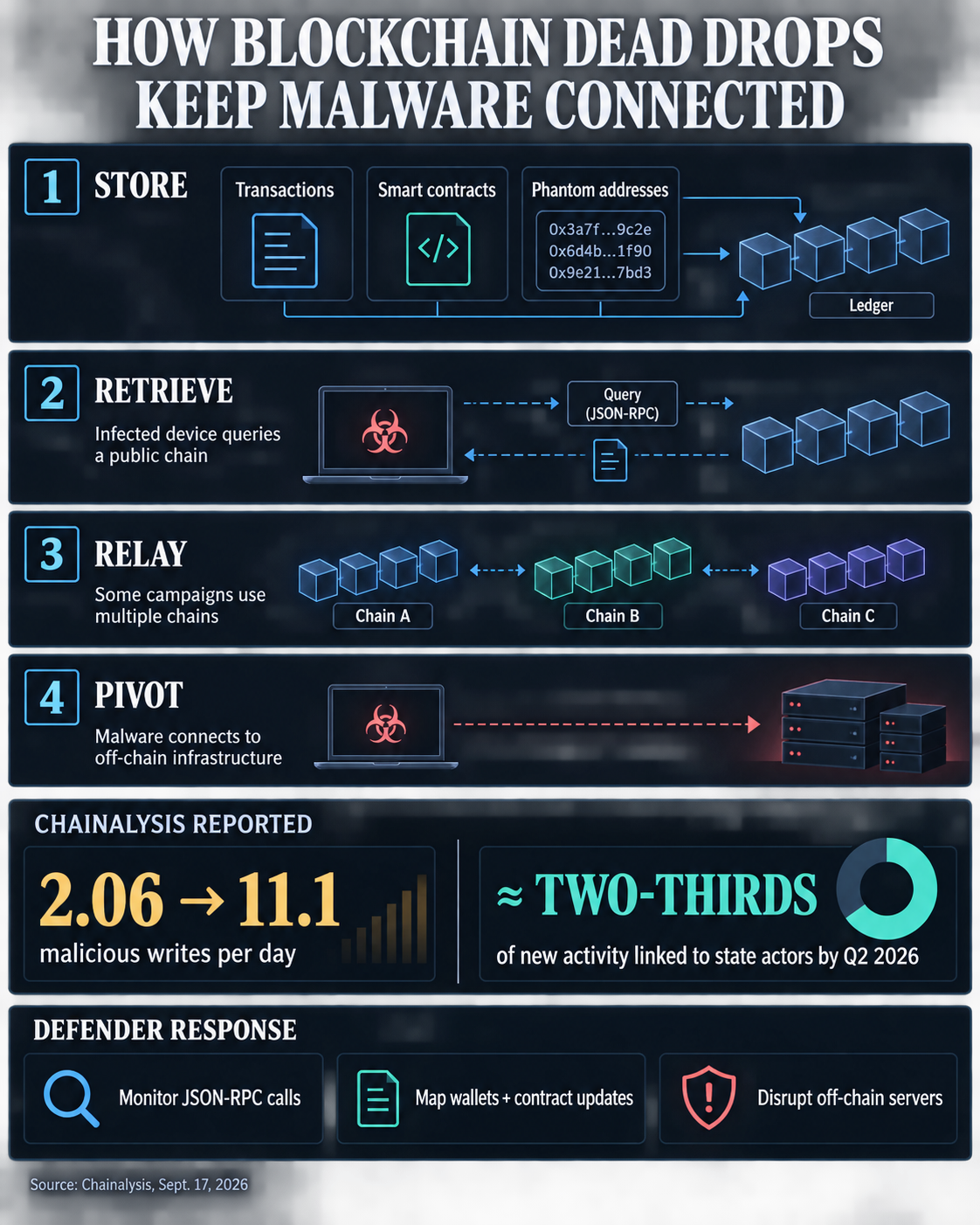 Flow diagram showing blockchain dead-drop storage, retrieval, cross-chain relay, off-chain pivot, Chainalysis activity metrics and defender responses