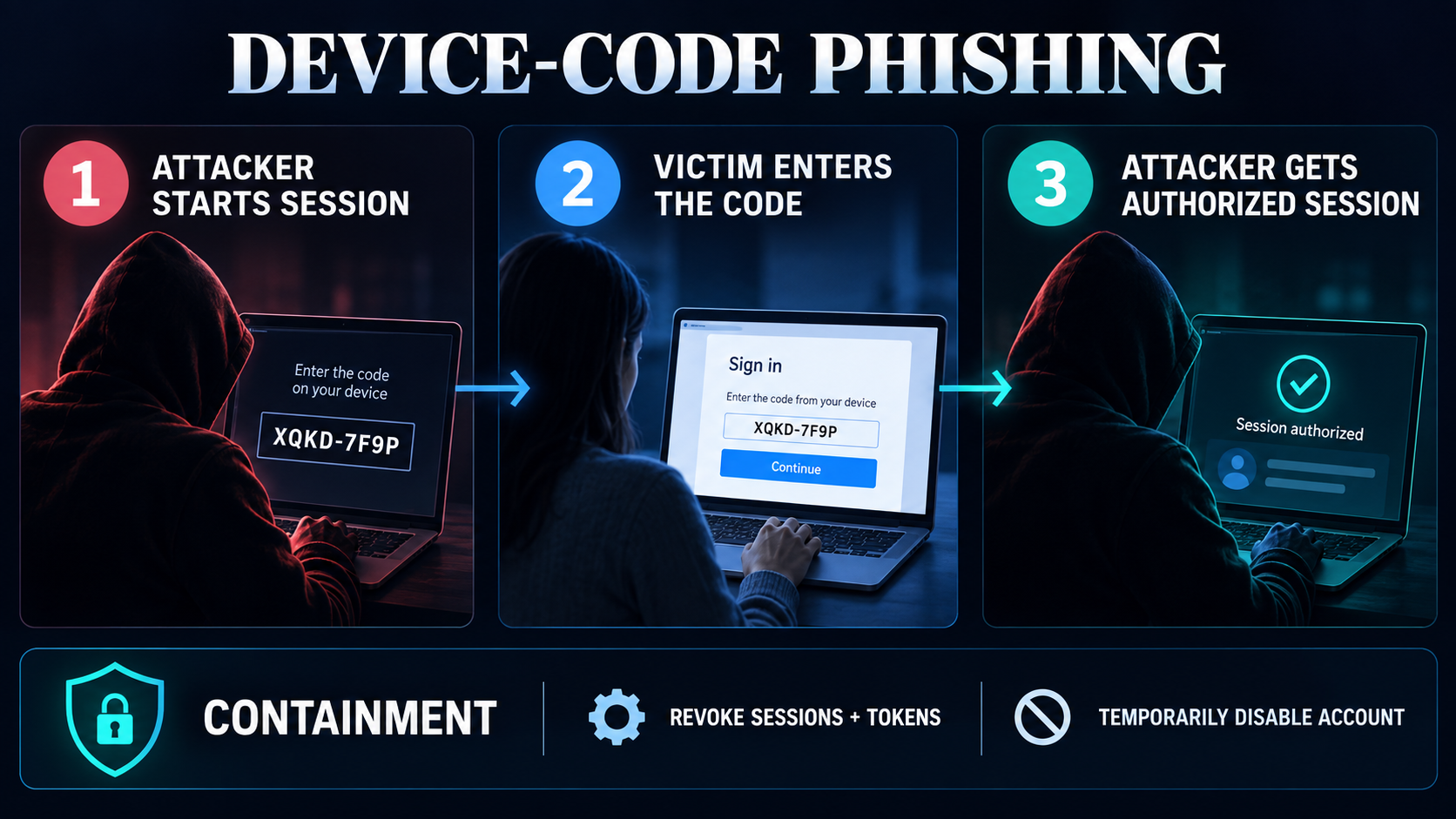 Three-step device-code phishing flow showing an attacker starting a session, a victim entering the attacker-supplied code, and the attacker receiving the authorized session, followed by token revocation and temporary account disablement guidance.