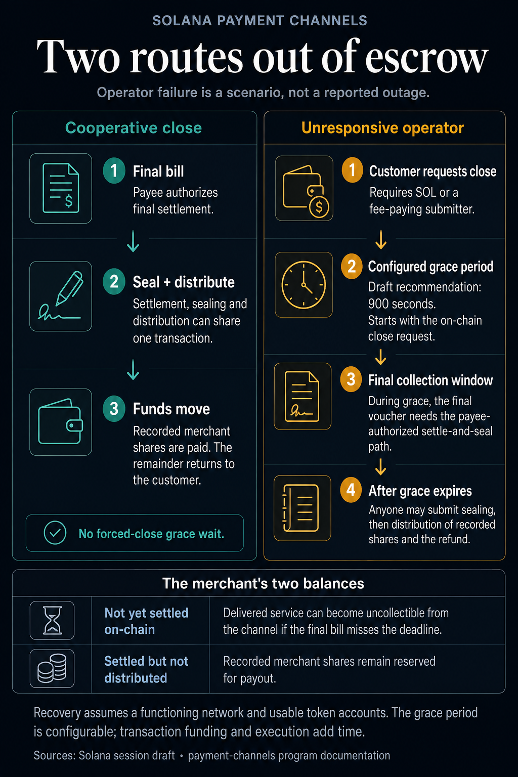 Solana payment-channel closure comparison: cooperative settlement and refunds versus customer-initiated forced close, with a configurable grace period and separate outcomes for unsettled service and recorded merchant shares.