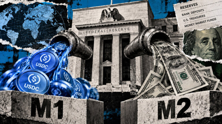 Federal Reserve building feeds USDC tokens and dollar bills through separate pipes toward M1 and M2, visualizing monetary classification.