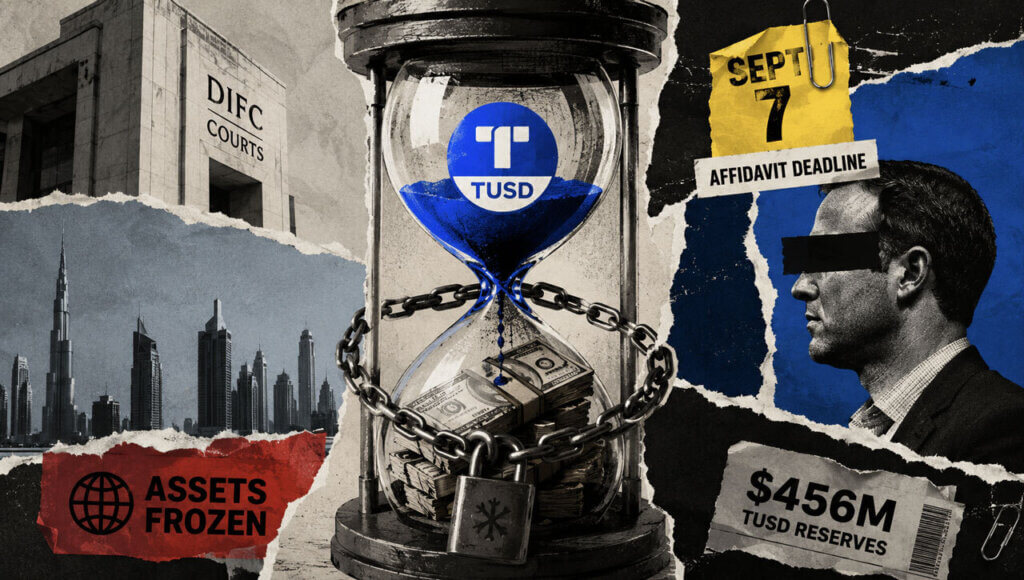 Chained hourglass filled with TUSD-marked blue liquid and cash, framed by DIFC Courts, Sept. 7 affidavit deadline, and frozen-assets labels.