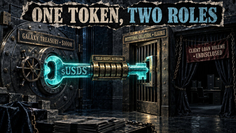 Editorial collage shows an sUSDS key linking Galaxy’s $100 million treasury vault to an eligible institutional collateral gate, with loan volume undisclosed.