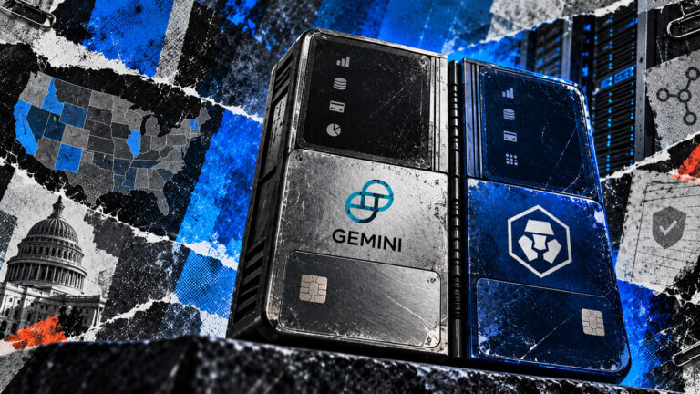 Gemini and Crypto.com represented on a split exchange device with US access, API, security, and infrastructure elements.
