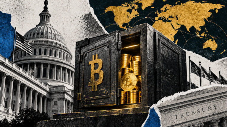 Government building beside a secured Bitcoin reserve vault, symbolizing public crypto holdings, treasury custody, and state digital asset policy.