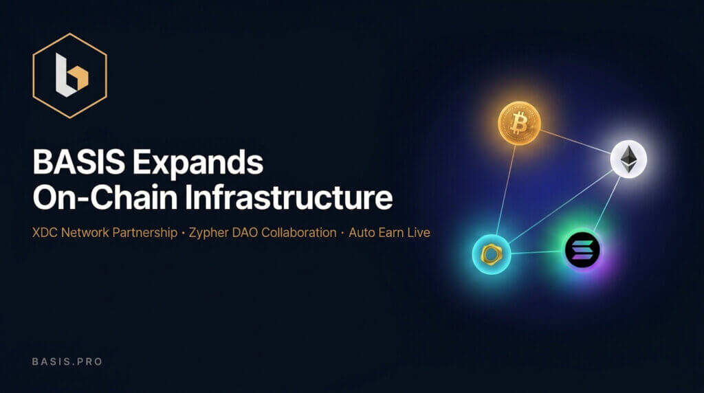 BASIS expands its institutional crypto yield platform through partnerships with XDC Network and Zypher Network, plus Auto Earn restaking for BTC, ETH, SOL and PAXG.