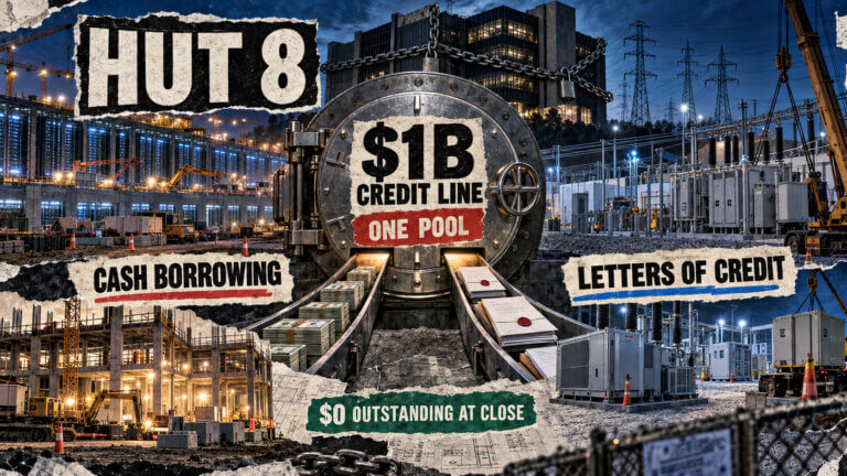 Torn-paper collage showing Hut 8’s $1 billion credit line splitting into cash borrowing and letters of credit, with $0 outstanding at close.