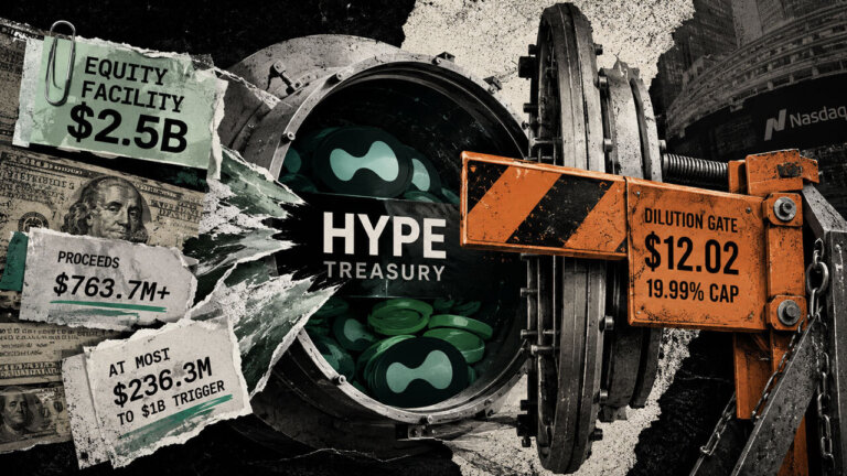 HYPE treasury vault packed with tokens and equity-sale scraps, blocked by an orange dilution gate marked $12.02 and 19.99% cap.