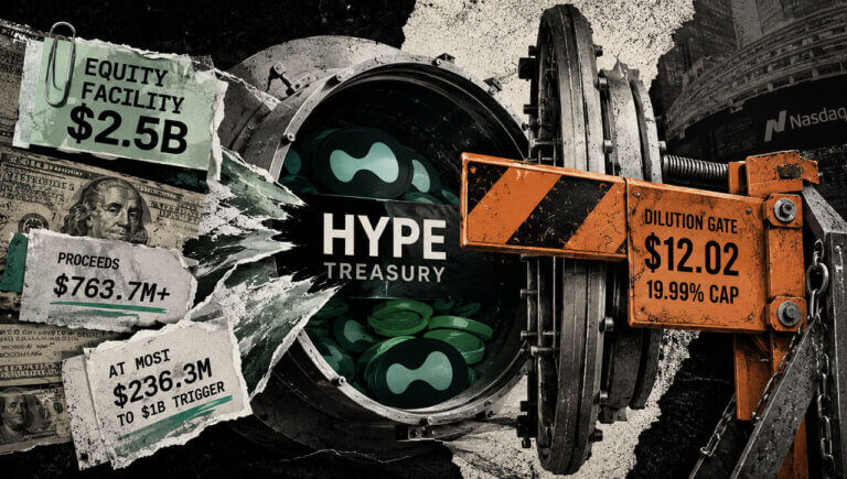 HYPE treasury vault packed with tokens and equity-sale scraps, blocked by an orange dilution gate marked $12.02 and 19.99% cap.