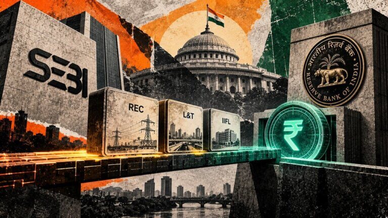 Indian corporate bond tokens travel across regulated settlement rails connecting SEBI oversight with RBI digital rupee infrastructure.