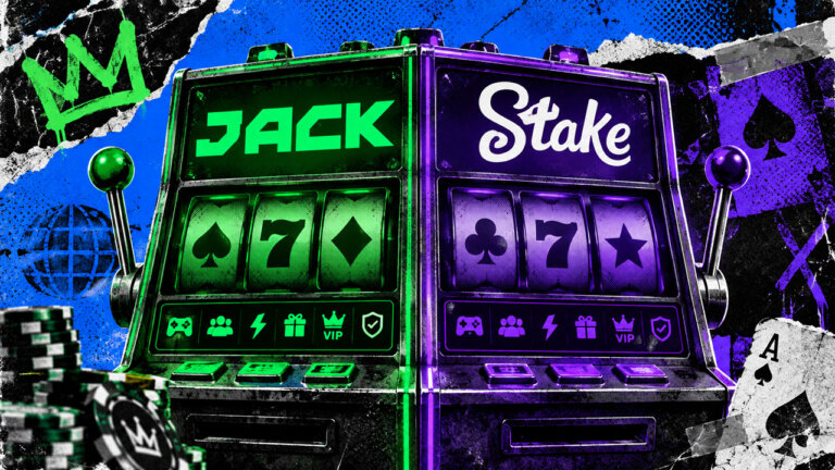 Jack and Stake branding face off across a split roulette wheel with casino chips, VIP cues, and licensing imagery in an editorial collage.