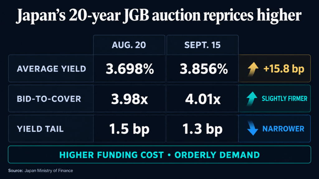 Comparison of Japan’s August and September 20-year government bond auctions, showing a higher average yield alongside slightly firmer bid coverage and a narrower yield tail.