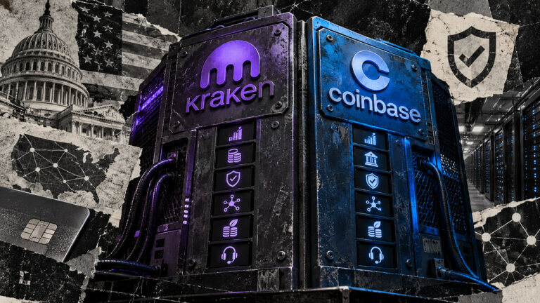 Kraken and Coinbase represented as rugged exchange infrastructure with US access, banking, reserves, API, staking, and support cues.
