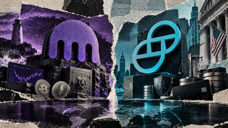 Kraken and Gemini represented across a split global market scene with trading, vault, security, banking, card, and reserve imagery.