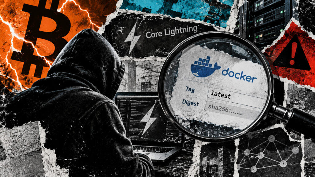Magnifying glass inspects a Docker image digest beside Core Lightning servers and warning symbols in a distressed editorial collage.