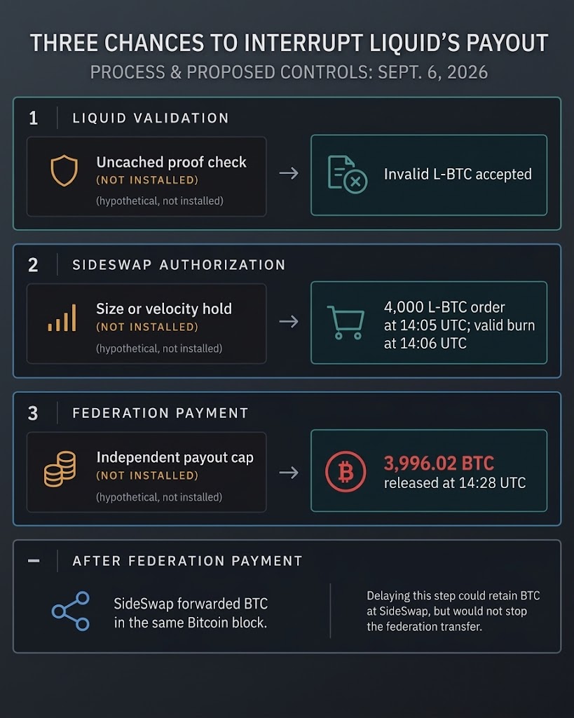 Flow chart of Liquid's September 6 payout: invalid L-BTC accepted, a 4,000 L-BTC SideSwap order, and a 3,996.02 BTC federation release, with hypothetical controls before each step and same-block forwarding afterward.
