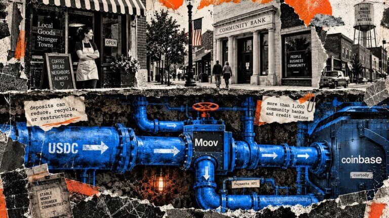 Main Street businesses and a community bank sit above a USDC pipeline routed through Moov into Coinbase custody infrastructure.