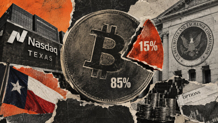 A distressed Bitcoin disk loses a 15% wedge between Nasdaq Texas and the SEC, visualizing the tightly bounded nonqualifying asset sleeve for funds.