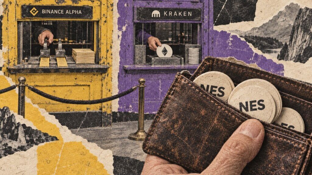 Raw matte collage of a hand holding an NES-filled wallet outside Binance Alpha and Kraken service windows.