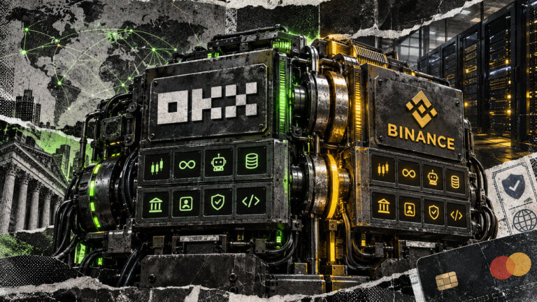 OKX and Binance represented as interconnected exchange machinery with trading, bots, fiat rails, KYC, reserves, APIs, and global access cues.