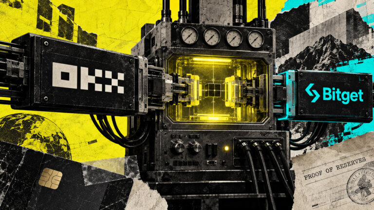 OKX and Bitget modules feed into a rugged industrial testing machine, symbolizing side-by-side evaluation of crypto exchange features.