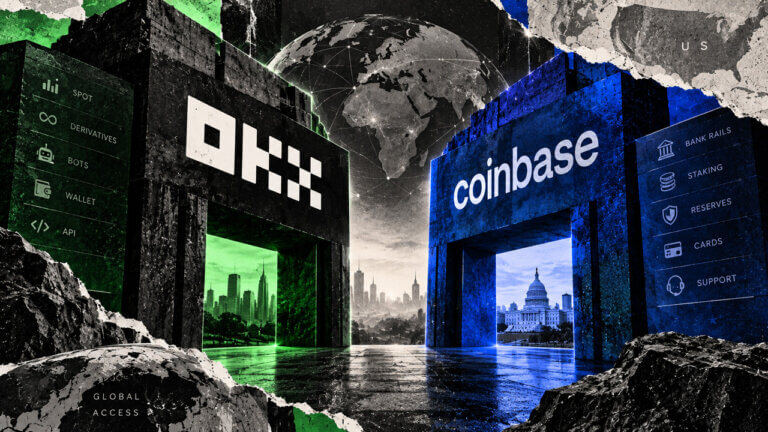 OKX and Coinbase represented as opposing exchange gateways with global access, banking, staking, reserves, wallets, APIs, cards, and bots.