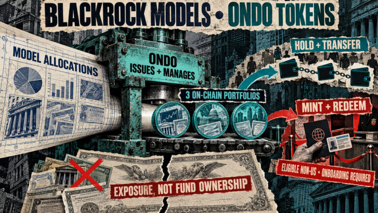 Punk-style collage showing BlackRock model allocations entering an Ondo minting press that creates three portfolio tokens, with separate paths for transfers and restricted redemption.