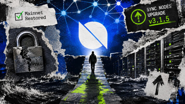 A lone operator crosses a damaged bridge toward Ontology’s restored mainnet as cracked security and server nodes frame the required v3.1.5 upgrade.
