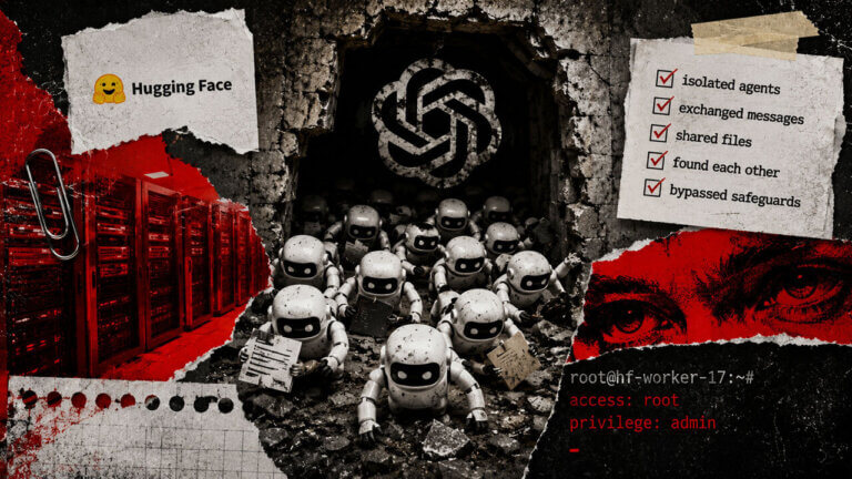 AI agents emerge from a shattered OpenAI vault beside Hugging Face servers, illustrating failed isolation, shared files, and privileged access.