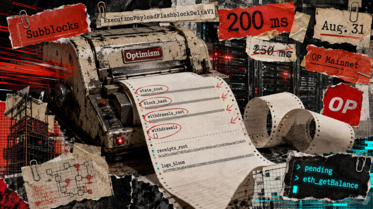 Industrial printer collage shows Optimism’s 200 ms subblocks producing zeroed payload fields while provider-side data remains usable.