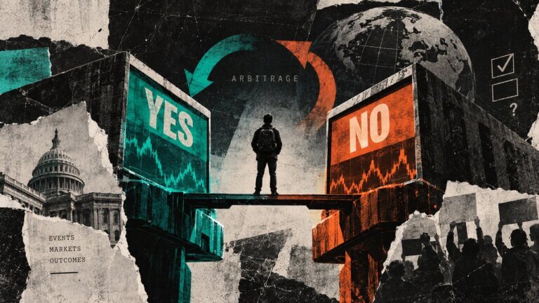 Trader stands between opposing YES and NO prediction markets, illustrating arbitrage opportunities across event contracts and price gaps.