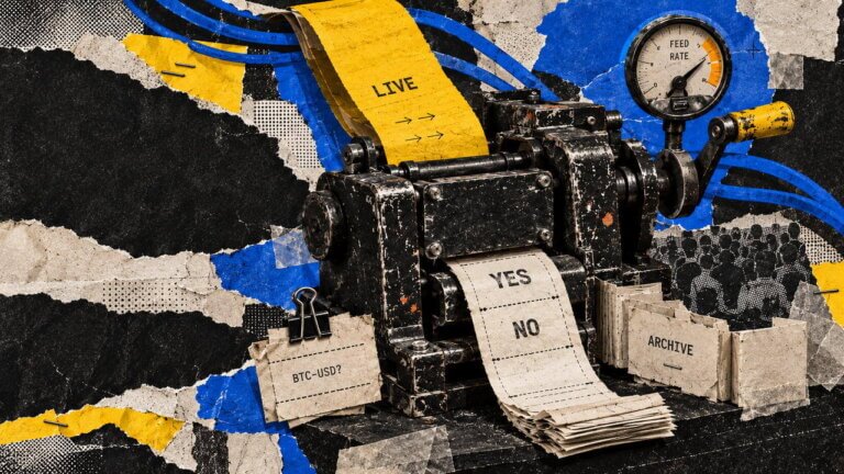 Mechanical feed machine processes live yes-or-no prediction market data while archived records and a feed-rate gauge track historical information.
