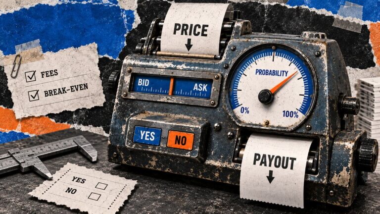 Mechanical prediction market odds machine linking price, bid and ask spreads, implied probability, fees, break-even level, and payout.