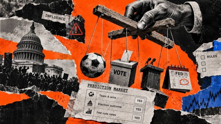 A hand controls strings tied to sports, election, speech and rate-decision symbols above a prediction-market sheet.