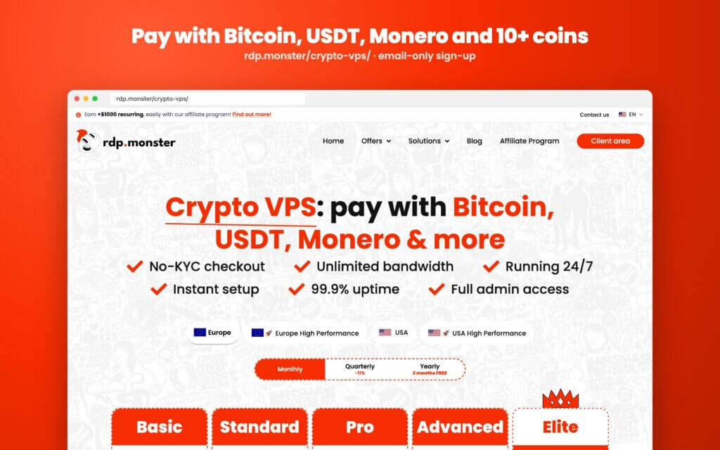 rdp.monster cryptocurrency VPS payment options page