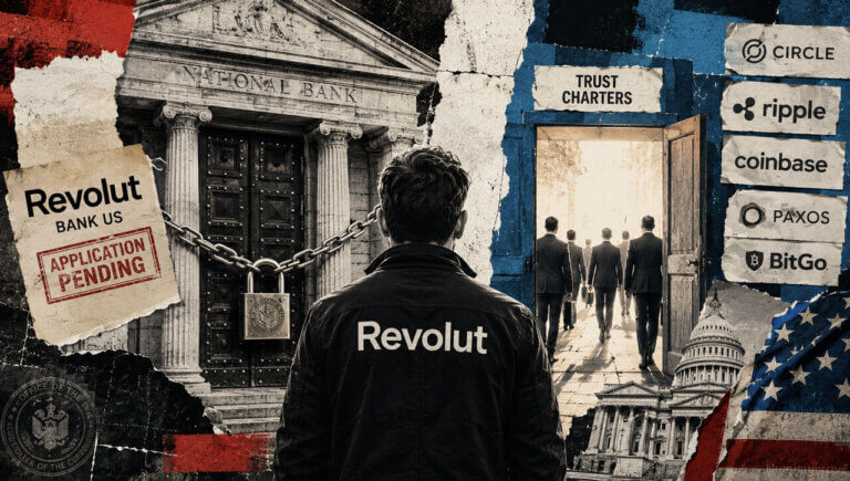 Revolut faces a locked national bank door while crypto trust charter firms enter a separate open gateway.