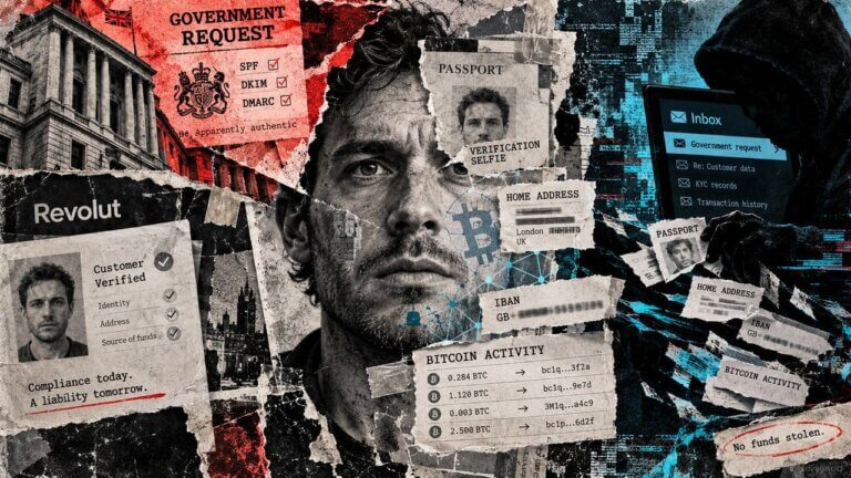 Revolut data breach collage showing exposed customer identity records, Bitcoin activity, a fraudulent government request, and hacker extraction.