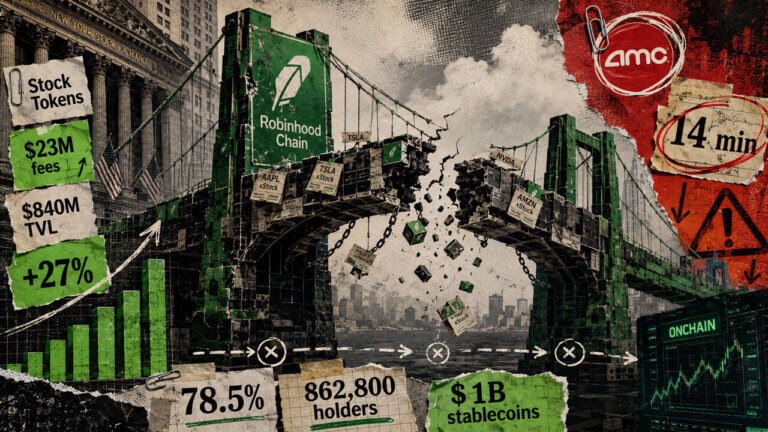 Robinhood Chain appears as a fractured bridge carrying stock tokens, highlighting its 14-minute outage amid rapid growth and scrutiny.