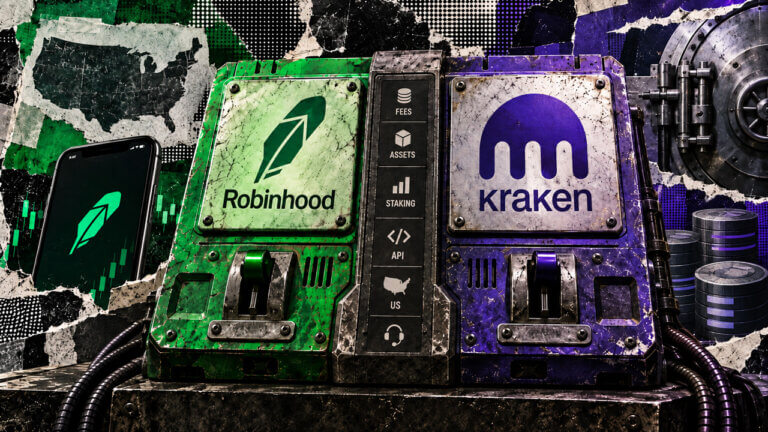Industrial comparison console contrasts Robinhood and Kraken across fees, assets, staking, APIs, support, and US access.