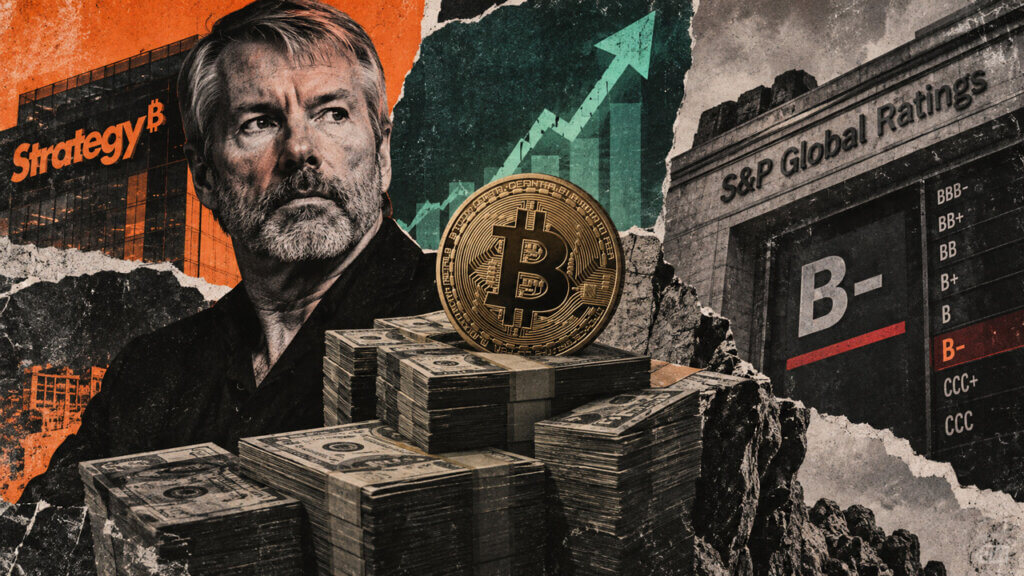 Michael Saylor appears beside Strategy, cash reserves, Bitcoin, and an S&P B- rating wall, illustrating stronger finances and concentration risk.