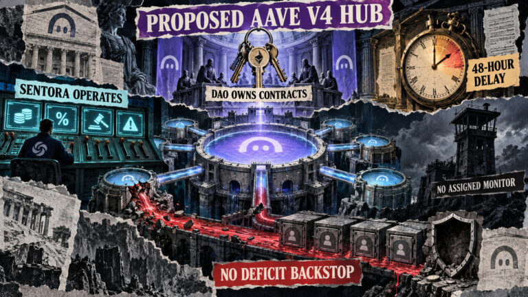Torn-paper collage showing a proposed Aave V4 Hub with DAO contract ownership, Sentora operations, a 48-hour delay and no deficit backstop.