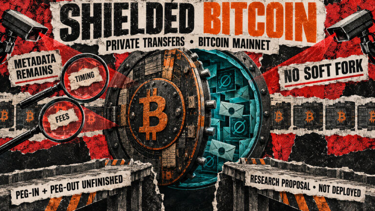 Punk-style editorial collage showing an open Bitcoin vault filled with concealed transactions, while surveillance cameras detect only fees and timing; broken bridges symbolize unfinished peg-in and peg-out mechanisms.