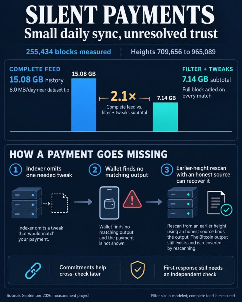 Infographic comparing a 15.08 GB complete Silent Payments scanning feed with a 7.14 GB filter-plus-tweaks subtotal, then showing how an omitted tweak can hide a payment until an earlier-height rescan with an honest source.