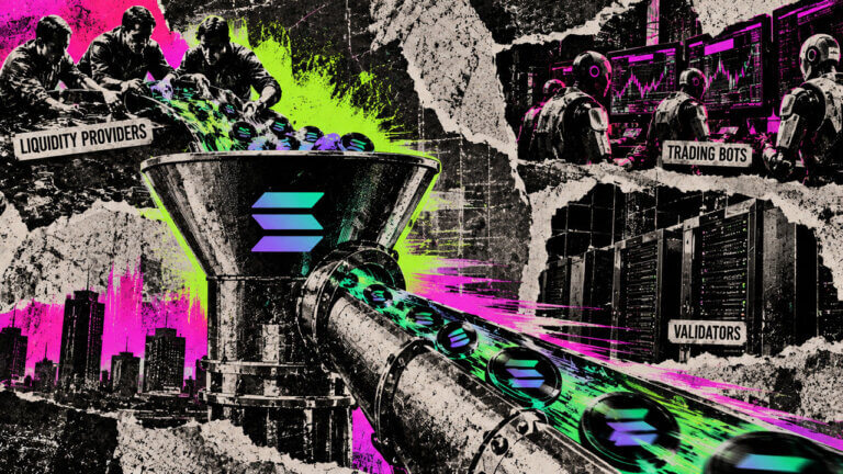 Gritty punk collage of Solana liquidity flowing through an industrial funnel as trading bots and validators surround the system.