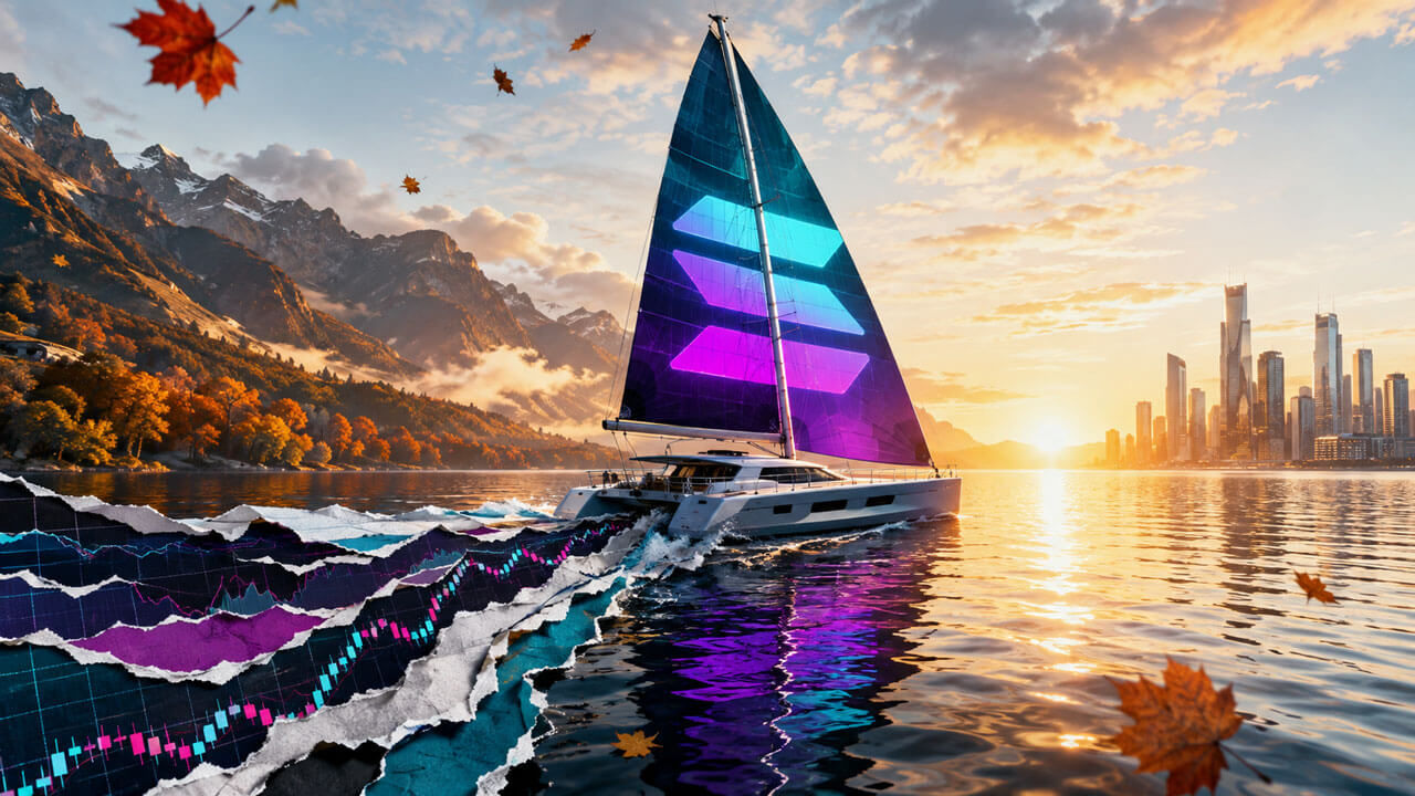 Sailboat with a Solana-branded sail moves across reflective water beside layered market charts and an autumn mountain skyline.